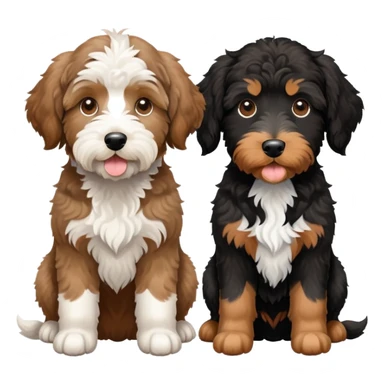 2 dogs: one light brown Aussiedoodle, one all-black Bernedoodle with white eyebrows some white markings, no brown . Both same size. sticker