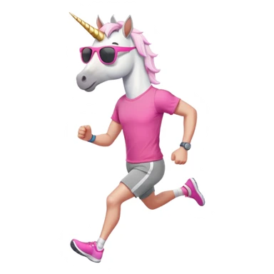 friendly anthropomorphised male white unicorn in grey shorts and pink t-shirt, wearing dark sunglasses, jogging upright in a standard pose sticker