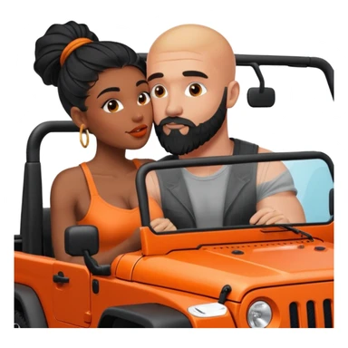 Intimate moment between lovers, real photo Realistic Couple, black woman with long black balayage hair is kissing bald white muscular man with orange facial hair and beard in a red Jeep Wrangler  sticker
