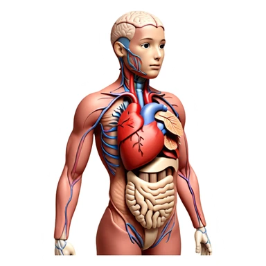 "A highly detailed 3D anatomical model of a full-body human, cutaway view revealing internal organs such as the heart, lungs, liver, stomach, intestines, and brain. One half of the body shows realistic skin, while the other half exposes the internal anatomy. Medical illustration style, realistic lighting, neutral background, hyper-detailed, scientific accuracy, 8K resolution sticker