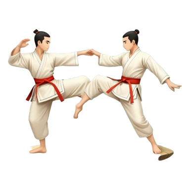 Two martial artists in traditional Wushu attire, performing elegant, fluid moves. The background shows a peaceful, scenic landscape with mountains and bamboo trees, symbolizing the balance of power and grace in Wushu.  sticker