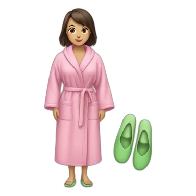 a brunette girl in a pink terry dressing gown with green slippers sticker