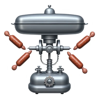 sausage-processing droid. retro-futuristic style. top is a circular industrial meat grinder with rotating gears and blades. Two robotic arms feed material into grinder. Sausage links extrude from the rear like  factory. The body is metallic, compact, and floats above the ground.no legs. Dark humor sticker