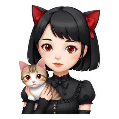 girl wearing black Lolita style dress, with medium-length black hair with red tips, and an American Shorthair tabby cat sticker