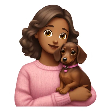 Brunette girl with long hair in a pink sweater holds a dachshund puppy in her arms sticker