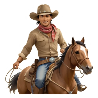 clash-of-clans-aesthetic_-cinematic-playful-cowboy-portrait-emoji, head-tilted with a roguish, cheeky grin and twinkling eyes, featuring a wide-brimmed cowboy hat and a weathered bandana on tan skin, riding a powerful galloping horse with dynamic flowing mane, reins gripped firmly in one hand and a lasso in the other, as dust swirls behind them in a vast desert landscape. sticker
