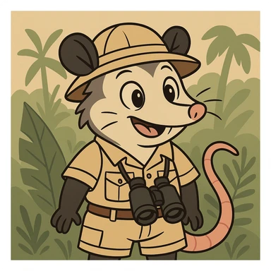 cute cartoon possum dressed up for a safari in the jungle, vibrant and playful flat toon style sticker