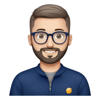 Fair-skinned man with oval face, extremely short tight haircut (very short on top, skin fade on sides), short salt and pepper beard, large black-framed glasses, smiling, wider body type, wearing navy blue long sleeve zip sweatshirt sticker