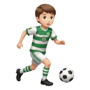 Celtic footballer jersey logo  6 years old brown hair white boy , brown eyes , stripes uniform , RUNNING  with soccer ball is number  17 celtic football logo  ONE CELTIC LOGO ONLY white shorts sticker