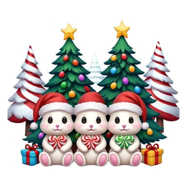 Christmas Bunnies with Santa hats sitting by brightly lit glowing colorful Christmas trees and candy canes 🎁  sticker