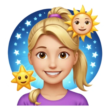 An Emoji of girl with ponytail, who can be described by three words: sun, moo, star sticker