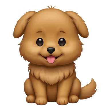Cute small brown fluffy dog emoji icon. Round face, short muzzle, light brown fur with slightly darker ears, small black nose, happy smiling expression with tongue out. Soft friendly eyes, sitting pose with front paws together. Simple clean vector style, minimal details, kawaii style. sticker