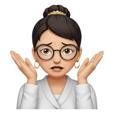  middle aged woman with dark hair pulled up in a high bun, wearing round ring earrings and glasses, expression extreme pain on her face, covering her ears with her hands very painful expression on her face, eyes squeezed shut, wincing in pain covering her ears with her hands sticker
