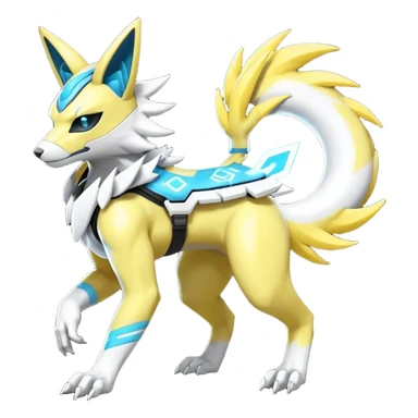 Shiny cyan yellow white electric complex futuristic white-cyber-masked Zeraora-Renamon-Electrike-Umbreon-Lombax-Weregarurumon-fusion-creature (full body sticker