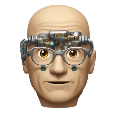 Older Male cyborg head with metallic plated face, brown flat top haircut, glasses and circuitry sticker