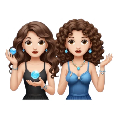 moon juggling — long wavy brown hair tattooed woman and short tight curly brown hair woman — tiny moons and crystals sticker