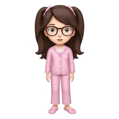 Girl age 20 years old with dark brown long hair, light skin, brown eyes, wearing a miu miu glasses the brown ones, and wearing a top in white with a pair of pyjama pants in pink and it's mocked in light pink too and a slipper in white and she looks pretty  sticker