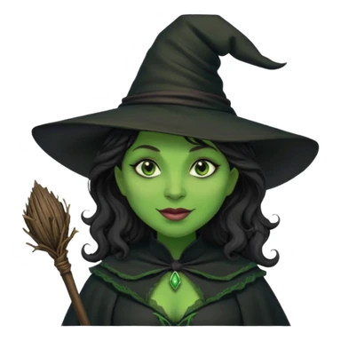 elphaba the wicked witch from wicked movie (cynthia erivo) dark long curly hair, thick lips, green skins, witch hat, witch broom, evil, wicked musical film, smirk sticker