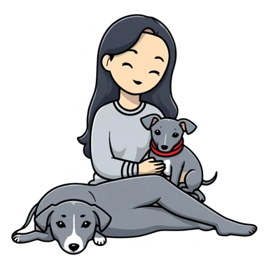 Very thin Chinese woman with long black hair relaxing in a luxurious hotel suite with exactly ONE whippet dog. EXTREME IMPORTANCE: the whippet must be ONE SOLID VERY DARK CHARCOAL GREY COLOR from nose to tail with ABSOLUTELY NO WHITE MARKINGS anywhere - NO white on face, NO white on muzzle, NO white on chest, NO white on paws, NO white on tail - NOTHING BUT A SINGLE SHADE OF VERY DARK GREY throughout the entire animal sticker