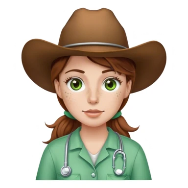 Pale Woman with brown hair and green eyes and freckles on her cheek bones wearing scrubs and a cow girl hat sticker