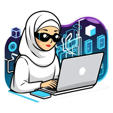 computer engineer with white hijab immersed in augmented reality, surrounded by floating metaverse elements, digital codes, virtual machines, tech graphics sticker