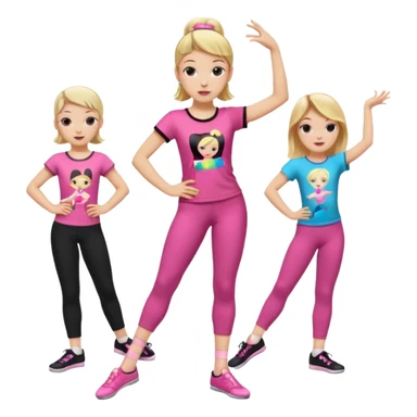 Hiphop dancer, with cute big pants, sneakers, and t-shirt. White girl blond. Coloufull shirt. No pocket pants. Dancing. Pink and black plain outfit. No sweatbands on the wrist, black music box behind her. Ballerina pose. with dancing kids behind her sticker