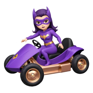 Hot full size real-appearance retro electric racing action BatGirl’s feminine midnight-purple tight outfit sixty’s tv show 1992 stealthy retro sporty safe plush petite off-road pursuit cruiser car rose gold accents (black hair,reclined and relaxed torso seating position) go kart  sticker