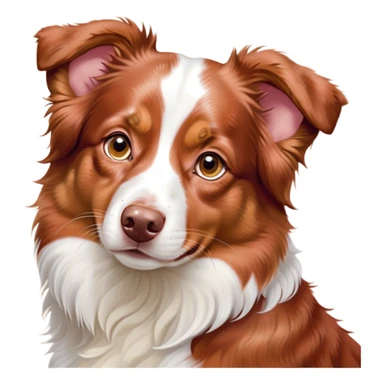 Cinematic Cute Red Merle Australian Shepherd Portrait Emoji, Head tilted playfully and inquisitively, soft red merle fur with delicate white markings, round, sparkling amber eyes filled with curiosity, Simplified yet irresistibly adorable features, highly detailed, glowing with a warm, friendly glow, high shine, affectionate and lively, stylized with a touch of whimsy, bright and endearing, soft glowing outline, capturing the essence of a mischievous yet loving pup, so playful it feels like it could bound out of the screen and into your arms! sticker