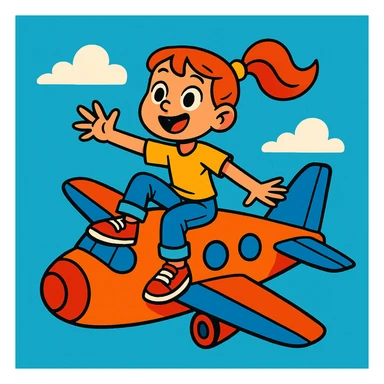 a girl sitting on top of an airplane, playful and adventurous, clear sky background, vibrant colors sticker