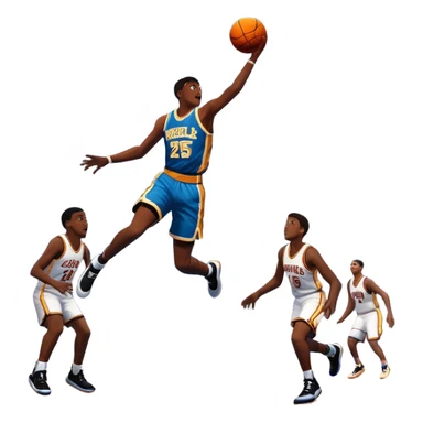 An icon featuring a basketball court with players in action, inspired by NBA 2K25. A player jumps for a dunk, with the ball mid-air. Bright lights illuminate the court, symbolizing the excitement of sports simulation games. Transparent background emphasizes the energy. sticker