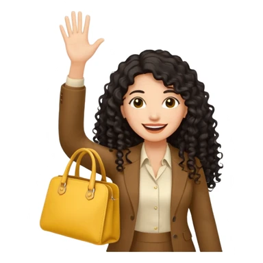 medium deep tan brown business woman with long black curly hair, waving hand with happy face with smile mouth and carrying bag on her shoulder and the other hand holding yellow stanley tumblr sticker