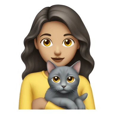Girl with long dark brown hair and blue eyes holding a gray cat with yellow eyes sticker