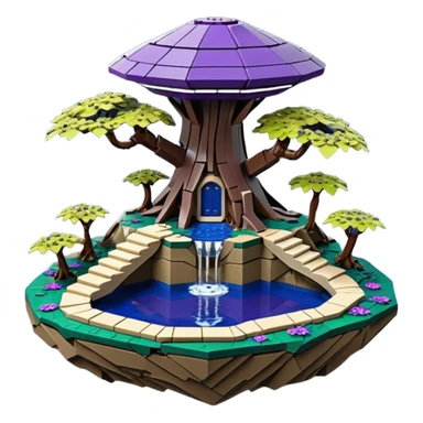Crashed Alien saucer pool-castle jungle Lego winding footpath mountainside getaway haunted nighttime landscape antique mudman very old broken cracked intricate Stone Age lapis-crusted irregular dodecagon-shaped shallow dark moss rough bark violet flowered maple treehouse bonsai sticker