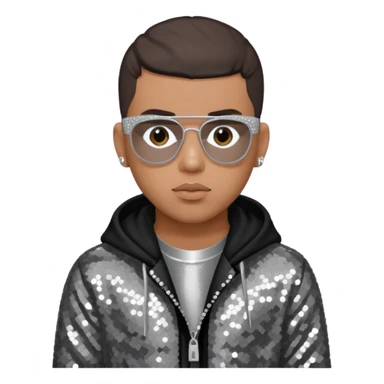 Bad Bunny, Puerto Rican Rapper with dark brown hair, gray sequin outfit sticker