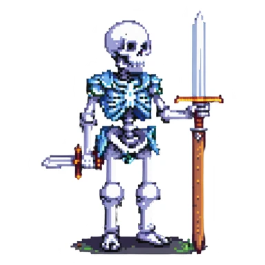 pixel art skeleton with a raised sword, classic RPG vibe sticker