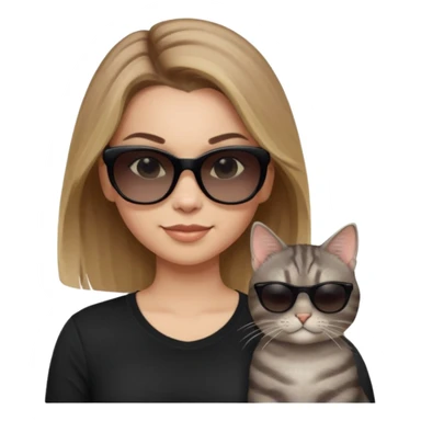 white woman with light brown ombre hair, black shirt, opaque black sunglasses, smirking, grey tabby cat wearing sunglasses, both looking cool sticker