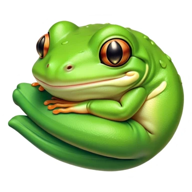 Meme-Worthy Cute Sleeping Green Tree Frog Portrait Emoji, Head resting peacefully with a contented smile, showcasing a compact, vividly green body with softly closed, serene eyes, Simplified yet adorably endearing features, highly detailed, glowing with a soft, drowsy jungle light, high shine, relaxed and utterly lovable, stylized with an air of playful laziness, soft glowing outline, capturing the essence of a sleeping green tree frog that feels destined to become the next viral icon of adorable rest! sticker
