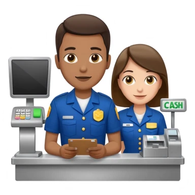 Supermarket employee at a cash register, full body, serving a man sticker