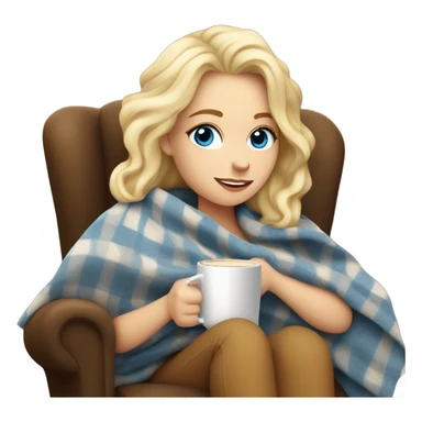 Blonde blue eyed white girl covered in blanket autumn vibe sitting on a cozy chair holding coffee sticker