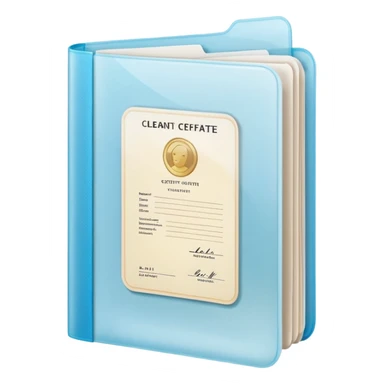 A simple emoji-style icon of a transparent plastic folder, clean and minimal, with rounded corners, subtle translucency, soft shading, and a small official documents symbol representing birth certificate, and SS. sticker