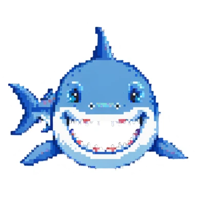 smiling shark with visible white teeth and blue body sticker