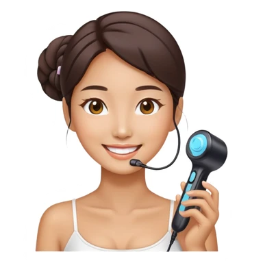 smiling Korean woman doing skincare with beauty device, emoji style sticker