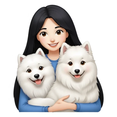 A beautiful girl with long straight black hair and a Samoyed dog in her arms, showing a smile of liking.  sticker