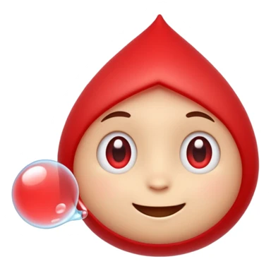 Cute red emoji character shaped like a droplet or jelly bean, with expressive eyes and a clever smile. Holding a small compressed bubble of content, like a tiny scroll or speech balloon. Symbolizes fast, smart summarization. Friendly and modern look, minimal lines, clean white background. sticker