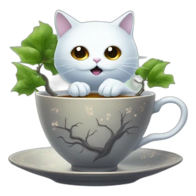 Cat ghost with tea cup and tree sticker