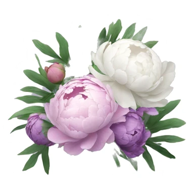 Bouquet with pink, purple and white peonies, with green wild foliage sticker