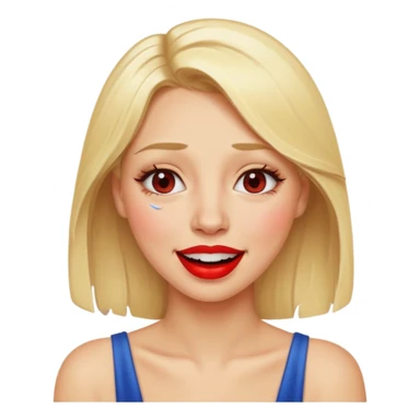 blonde having crying tears from hard laughter. really happy in general, happy eyes. red lipstick sticker