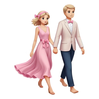 Elegant girl with a beautiful flowy dress delicate pink bow and man walking on the beach together in Montenegro sunset holding hands  sticker