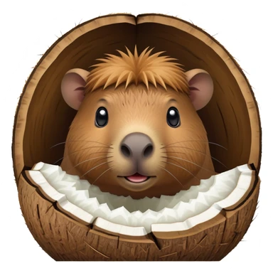 A cute capybara peeking out from inside a cracked open coconut shell sticker