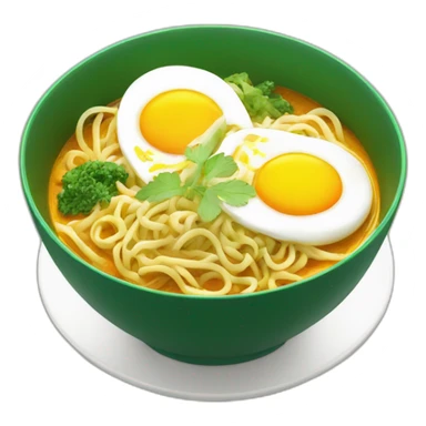 a green bowl of curry noodle with egg sticker